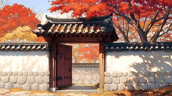 JPG 나무 한국전통 단풍 고건축 일러스트 돌담 그림자 사람없음 햇빛 평화 주황색 고요 황혼 가을 대문 나무기둥 기와담장 국내일러스트 AI일러스트 AI콘텐츠 식물 전통 건축물 계절 컬러 컨셉 잎 한국 기와 담장 태양 문 일몰 돌_바위 파일형식
