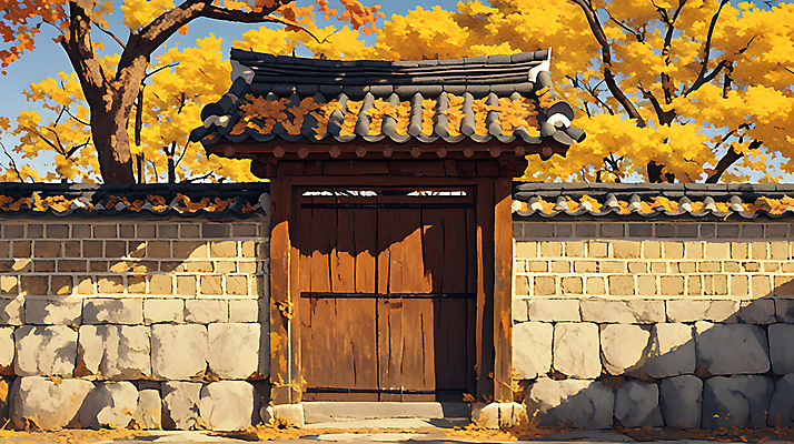 JPG 나무 한국전통 단풍 고건축 일러스트 돌담 그림자 사람없음 담장 햇빛 노란색 평화 고요 황혼 가을 대문 나무기둥 기와담장 국내일러스트 AI일러스트 AI콘텐츠 식물 전통 건축물 계절 컬러 컨셉 잎 한국 기와 태양 문 일몰 돌_바위 파일형식