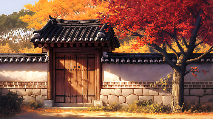 JPG 나무 한국전통 단풍 고건축 일러스트 돌담 그림자 사람없음 햇빛 평화 주황색 고요 황혼 가을 대문 나무기둥 기와담장 국내일러스트 AI일러스트 AI콘텐츠 식물 전통 건축물 계절 컬러 컨셉 잎 한국 기와 담장 태양 문 일몰 돌_바위 파일형식
