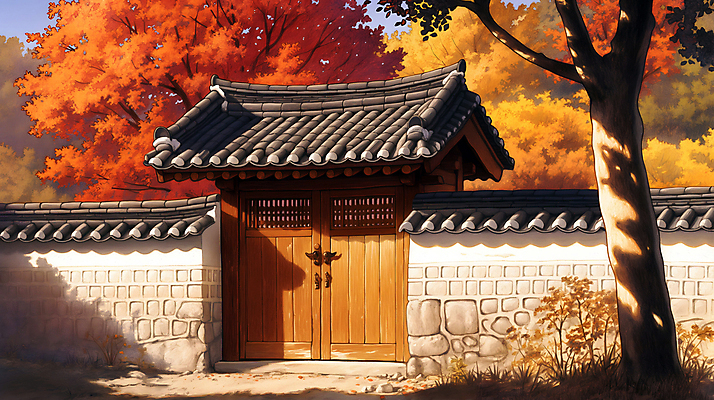 JPG 나무 한국전통 단풍 고건축 일러스트 돌담 그림자 사람없음 햇빛 평화 주황색 고요 황혼 가을 대문 기와담장 국내일러스트 AI일러스트 AI콘텐츠 식물 전통 건축물 계절 컬러 컨셉 잎 한국 기와 담장 태양 문 일몰 돌_바위 파일형식