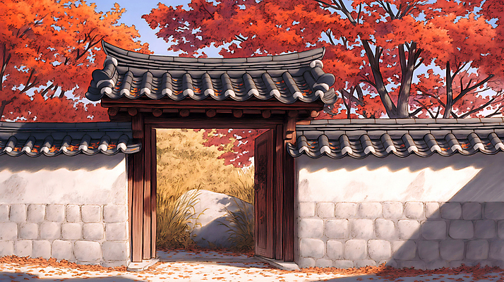 JPG 나무 한국전통 단풍 고건축 일러스트 돌담 그림자 사람없음 햇빛 평화 주황색 고요 황혼 가을 대문 기와담장 국내일러스트 AI일러스트 AI콘텐츠 식물 전통 건축물 계절 컬러 컨셉 잎 한국 기와 담장 태양 문 일몰 돌_바위 파일형식