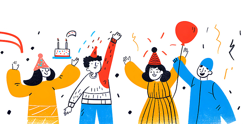 JPG 여자 남자 행복 어린이 일러스트 기념 웃음 들기 소녀 소년 여러명 컬러풀 파티 케이크 고깔모자 축하 생일파티 즐거움 생일축하 풍선 생일선물 어린이만 국내일러스트 AI일러스트 AI콘텐츠 모자_잡화 감정 컬러 다수 컨셉 모션 디저트 표정 선물 사람 이벤트 생일 파일형식