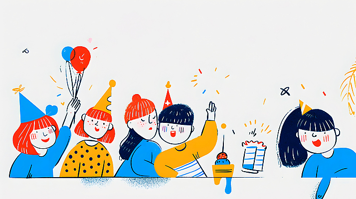 JPG 여자 남자 행복 어린이 일러스트 기념 웃음 들기 소녀 소년 여러명 컬러풀 파티 케이크 고깔모자 축하 생일파티 즐거움 생일축하 풍선 생일선물 어린이만 국내일러스트 AI일러스트 AI콘텐츠 모자_잡화 감정 컬러 다수 컨셉 모션 디저트 표정 선물 사람 이벤트 생일 파일형식