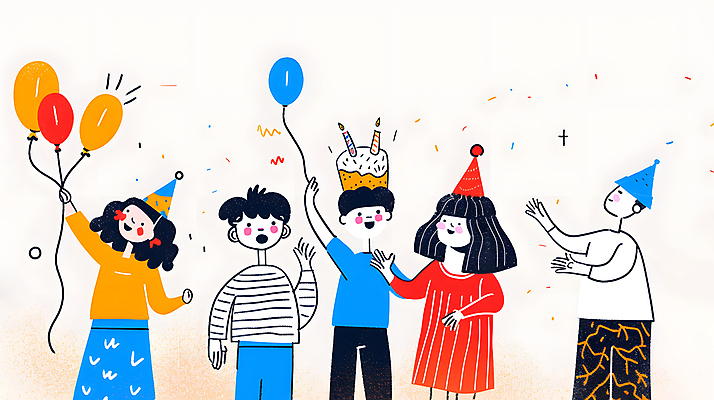 JPG 여자 남자 행복 어린이 일러스트 기념 웃음 들기 소녀 소년 여러명 컬러풀 파티 케이크 고깔모자 축하 생일파티 즐거움 생일축하 풍선 생일선물 어린이만 국내일러스트 AI일러스트 AI콘텐츠 모자_잡화 감정 컬러 다수 컨셉 모션 디저트 표정 선물 사람 이벤트 생일 파일형식