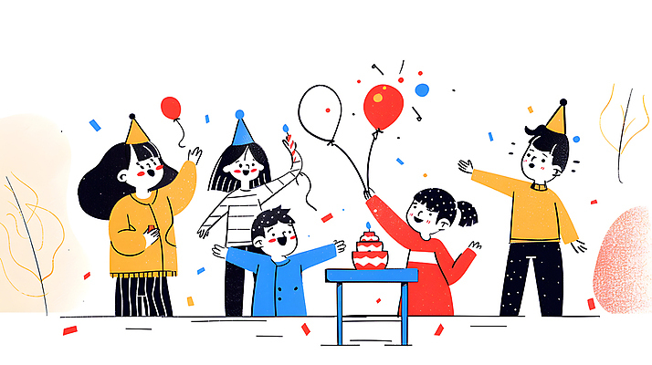 JPG 여자 남자 행복 어린이 일러스트 기념 웃음 들기 소녀 소년 여러명 컬러풀 파티 케이크 고깔모자 축하 생일파티 즐거움 생일축하 풍선 생일선물 어린이만 국내일러스트 AI일러스트 AI콘텐츠 모자_잡화 감정 컬러 다수 컨셉 모션 디저트 표정 선물 사람 이벤트 생일 파일형식