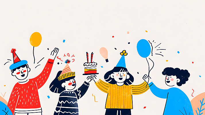 JPG 여자 남자 행복 어린이 일러스트 기념 웃음 들기 소녀 소년 여러명 컬러풀 파티 케이크 고깔모자 축하 생일파티 즐거움 생일축하 풍선 생일선물 어린이만 국내일러스트 AI일러스트 AI콘텐츠 모자_잡화 감정 컬러 다수 컨셉 모션 디저트 표정 선물 사람 이벤트 생일 파일형식