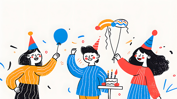 JPG 여자 남자 행복 어린이 일러스트 기념 웃음 들기 소녀 소년 세명 컬러풀 파티 케이크 고깔모자 축하 생일파티 즐거움 생일축하 풍선 생일선물 어린이만 국내일러스트 AI일러스트 AI콘텐츠 모자_잡화 감정 컬러 컨셉 모션 디저트 표정 선물 사람 이벤트 생일 파일형식