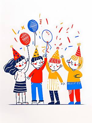 JPG 여자 남자 행복 어린이 일러스트 기념 웃음 들기 소녀 소년 여러명 컬러풀 파티 케이크 고깔모자 축하 생일파티 즐거움 생일축하 풍선 생일선물 어린이만 국내일러스트 AI일러스트 AI콘텐츠 모자_잡화 감정 컬러 다수 컨셉 모션 디저트 표정 선물 사람 이벤트 생일 파일형식