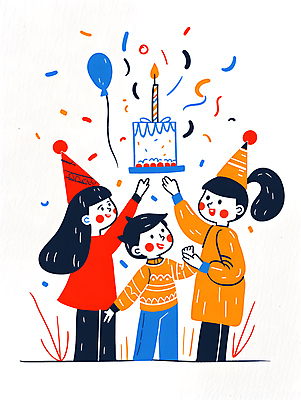 JPG 여자 남자 행복 어린이 일러스트 기념 웃음 들기 소녀 소년 세명 컬러풀 파티 케이크 고깔모자 축하 생일파티 즐거움 생일축하 풍선 생일선물 어린이만 국내일러스트 AI일러스트 AI콘텐츠 모자_잡화 감정 컬러 컨셉 모션 디저트 표정 선물 사람 이벤트 생일 파일형식