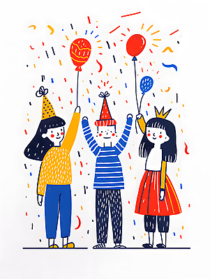 JPG 여자 남자 행복 어린이 일러스트 기념 웃음 들기 소녀 소년 세명 컬러풀 파티 케이크 고깔모자 축하 생일파티 즐거움 생일축하 풍선 생일선물 어린이만 국내일러스트 AI일러스트 AI콘텐츠 모자_잡화 감정 컬러 컨셉 모션 디저트 표정 선물 사람 이벤트 생일 파일형식