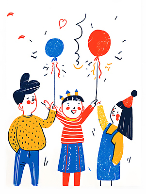 JPG 여자 남자 행복 어린이 일러스트 기념 웃음 들기 소녀 소년 세명 컬러풀 파티 케이크 고깔모자 축하 생일파티 즐거움 생일축하 풍선 생일선물 어린이만 국내일러스트 AI일러스트 AI콘텐츠 모자_잡화 감정 컬러 컨셉 모션 디저트 표정 선물 사람 이벤트 생일 파일형식