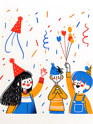 JPG 여자 남자 행복 어린이 일러스트 기념 웃음 들기 소녀 소년 세명 컬러풀 파티 케이크 고깔모자 축하 생일파티 즐거움 생일축하 풍선 생일선물 어린이만 국내일러스트 AI일러스트 AI콘텐츠 모자_잡화 감정 컬러 컨셉 모션 디저트 표정 선물 사람 이벤트 생일 파일형식