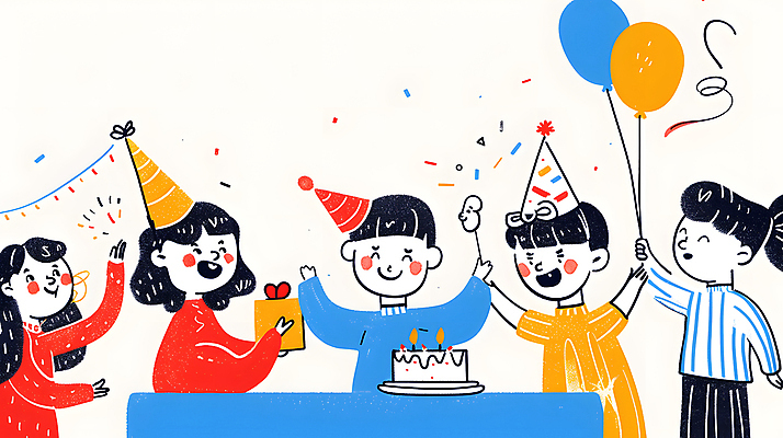 JPG 여자 남자 행복 어린이 일러스트 기념 웃음 들기 소녀 소년 여러명 컬러풀 파티 케이크 고깔모자 축하 생일파티 즐거움 생일축하 풍선 생일선물 어린이만 국내일러스트 AI일러스트 AI콘텐츠 모자_잡화 감정 컬러 다수 컨셉 모션 디저트 표정 선물 사람 이벤트 생일 파일형식