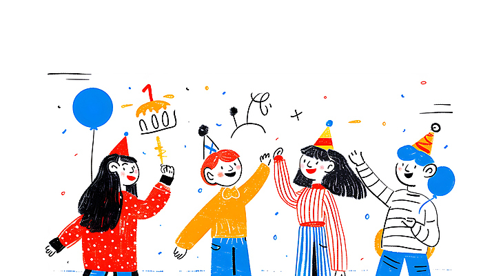 JPG 여자 남자 행복 어린이 일러스트 기념 웃음 들기 소녀 소년 여러명 컬러풀 파티 케이크 고깔모자 축하 생일파티 즐거움 생일축하 풍선 생일선물 어린이만 국내일러스트 AI일러스트 AI콘텐츠 모자_잡화 감정 컬러 다수 컨셉 모션 디저트 표정 선물 사람 이벤트 생일 파일형식