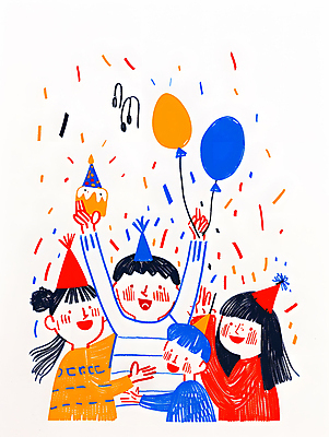 JPG 여자 남자 행복 어린이 일러스트 기념 웃음 들기 소녀 소년 여러명 컬러풀 파티 케이크 고깔모자 축하 생일파티 즐거움 생일축하 풍선 생일선물 어린이만 국내일러스트 AI일러스트 AI콘텐츠 모자_잡화 감정 컬러 다수 컨셉 모션 디저트 표정 선물 사람 이벤트 생일 파일형식