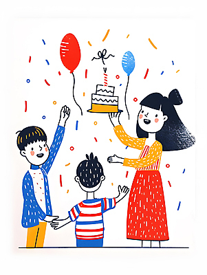 JPG 여자 남자 행복 어린이 일러스트 기념 웃음 들기 소녀 소년 세명 컬러풀 파티 케이크 고깔모자 축하 생일파티 즐거움 생일축하 풍선 생일선물 어린이만 국내일러스트 AI일러스트 AI콘텐츠 모자_잡화 감정 컬러 컨셉 모션 디저트 표정 선물 사람 이벤트 생일 파일형식