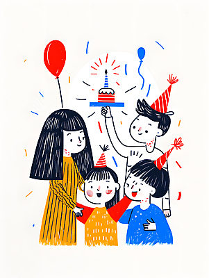 JPG 여자 남자 행복 어린이 일러스트 기념 웃음 들기 소녀 소년 여러명 컬러풀 파티 케이크 고깔모자 축하 생일파티 즐거움 생일축하 풍선 생일선물 어린이만 국내일러스트 AI일러스트 AI콘텐츠 모자_잡화 감정 컬러 다수 컨셉 모션 디저트 표정 선물 사람 이벤트 생일 파일형식