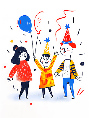JPG 여자 남자 행복 어린이 일러스트 기념 웃음 들기 소녀 소년 세명 컬러풀 파티 케이크 고깔모자 축하 생일파티 즐거움 생일축하 풍선 생일선물 어린이만 국내일러스트 AI일러스트 AI콘텐츠 모자_잡화 감정 컬러 컨셉 모션 디저트 표정 선물 사람 이벤트 생일 파일형식