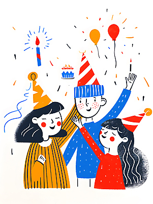 JPG 여자 남자 행복 어린이 일러스트 기념 웃음 들기 소녀 소년 세명 컬러풀 파티 케이크 고깔모자 축하 생일파티 즐거움 생일축하 풍선 생일선물 어린이만 국내일러스트 AI일러스트 AI콘텐츠 모자_잡화 감정 컬러 컨셉 모션 디저트 표정 선물 사람 이벤트 생일 파일형식