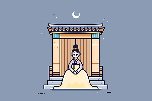 전신 한국전통 전통 여자 전통문화 문화 하늘색 일러스트 한명 궁전 달 야간 한복 대문 야간개장 국내일러스트 AI파일 자연요소 1 고건축 한국 사람 파란색 문 전통의상 파일형식 벡터