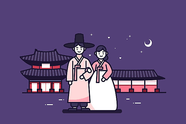 전신 한국전통 전통 여자 남자 전통문화 문화 일러스트 성인 두명 팔짱 보라색 궁전 달 야간 한복 성인만 야간개장 국내일러스트 AI파일 자연요소 컬러 고건축 모션 한국 사람 전통의상 파일형식 벡터