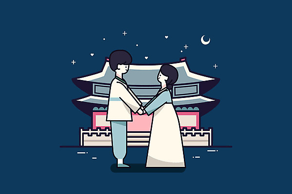 전신 한국전통 전통 여자 남자 전통문화 문화 일러스트 성인 두명 마주보기 손잡기 궁전 달 야간 한복 남색 성인만 야간개장 국내일러스트 AI파일 자연요소 컬러 고건축 모션 한국 사람 전통의상 파일형식 벡터