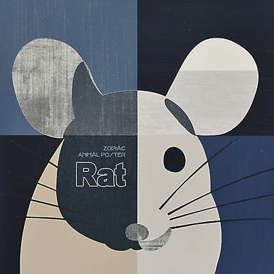 PSD 동물 한마리 디자인 포스터 얼굴 상징 일러스트 사람없음 파란색 회색 십이지신 쥐띠 쥐 콜라주 국내일러스트 1 컬러 신체부위 설치류 파일형식