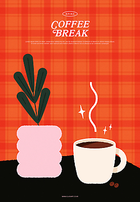 식물 화분 커피 일러스트 휴식 사람없음 컵 주황색 빈티지 모던 국내일러스트 AI파일 식기 음료 컬러 컨셉 파일형식 벡터