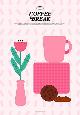 꽃 커피 분홍색 일러스트 휴식 사람없음 컵 쿠키 빈티지 모던 국내일러스트 AI파일 식물 식기 음료 컬러 컨셉 디저트 파일형식 벡터