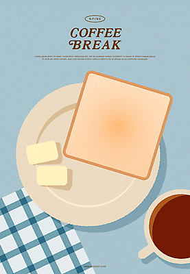 접시 커피 일러스트 휴식 사람없음 컵 파란색 빈티지 식빵 모던 버터 국내일러스트 AI파일 식기 음료 빵 컬러 컨셉 파일형식 벡터