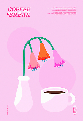 꽃 커피 분홍색 일러스트 휴식 사람없음 컵 빈티지 모던 국내일러스트 AI파일 식물 식기 음료 컬러 컨셉 파일형식 벡터