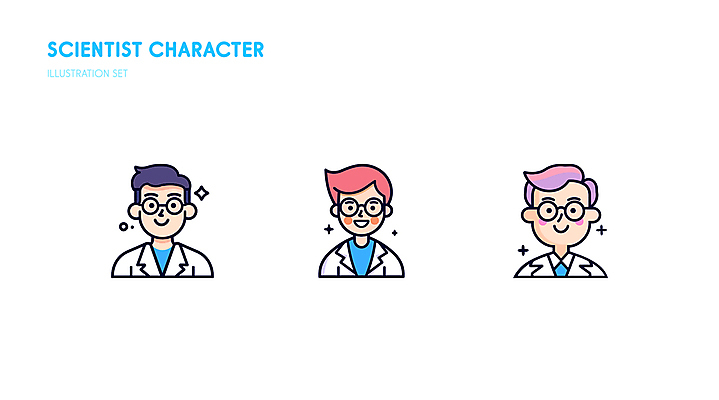 남자 인물캐릭터 일러스트 성인 세명 반짝임 귀여움 실험복 과학자 엘리먼트 성인남자만 이펙트그래픽 일러캐릭터 AI파일 직업 캐릭터 과학 컨셉 그래픽백그라운드 모션 사람 가운 학자 남자만 성인만 파일형식 벡터
