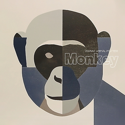 PSD 동물 한마리 디자인 포스터 얼굴 상징 일러스트 사람없음 파란색 회색 십이지신 원숭이띠 원숭이 콜라주 국내일러스트 1 컬러 포유류 신체부위 파일형식