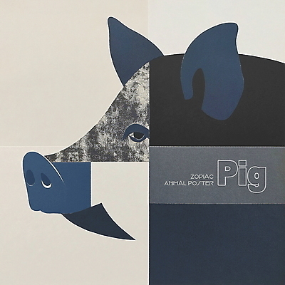 PSD 동물 한마리 디자인 포스터 얼굴 상징 일러스트 사람없음 파란색 회색 십이지신 돼지띠 돼지 콜라주 국내일러스트 1 컬러 포유류 신체부위 파일형식