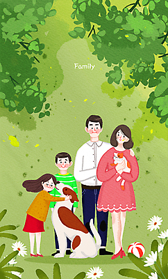 PSD 여자 남자 행복 어린이 일러스트 공 가족 안기 소녀 소년 여러명 성인 반려동물 부모 고양이 들꽃 강아지 어깨에손 국내일러스트 동물 꽃 감정 다수 포유류 관계 모션 사람 개 파일형식