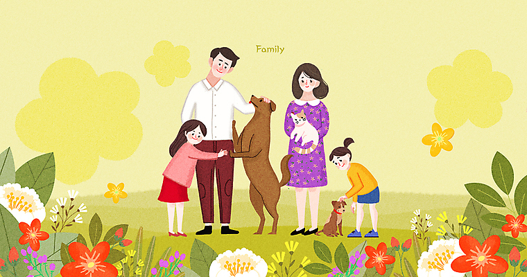 PSD 여자 남자 꽃 행복 어린이 일러스트 가족 안기 소녀 여러명 성인 반려동물 부모 고양이 들꽃 풀잎 강아지 국내일러스트 식물 동물 감정 다수 잎 포유류 관계 모션 사람 풀_식물 개 파일형식