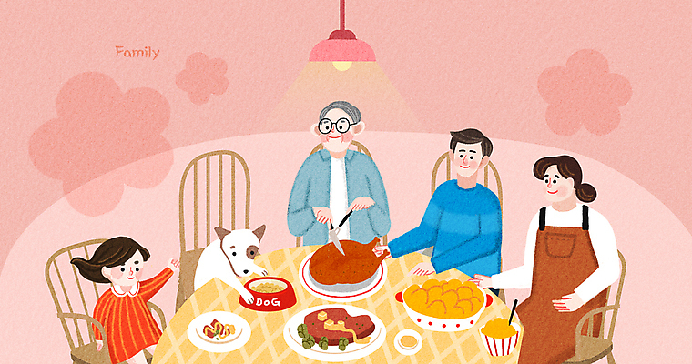 PSD 여자 할아버지 노년 남자 행복 어린이 음식 분홍색 의자 일러스트 가족 식탁 소녀 여러명 성인 반려동물 식사 강아지 먹이 개밥그릇 국내일러스트 동물 그릇 감정 컬러 가구 다수 관계 탁자 사람 개 애견용품 파일형식