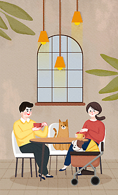 PSD 부부 여자 남자 행복 의자 일러스트 가족 탁자 들기 앉기 성인 두명 반려동물 고양이 카페 강아지 커피잔 성인만 개모차 국내일러스트 동물 커플 감정 커피 가구 포유류 관계 모션 잔 사람 상점 개 애견용품 파일형식