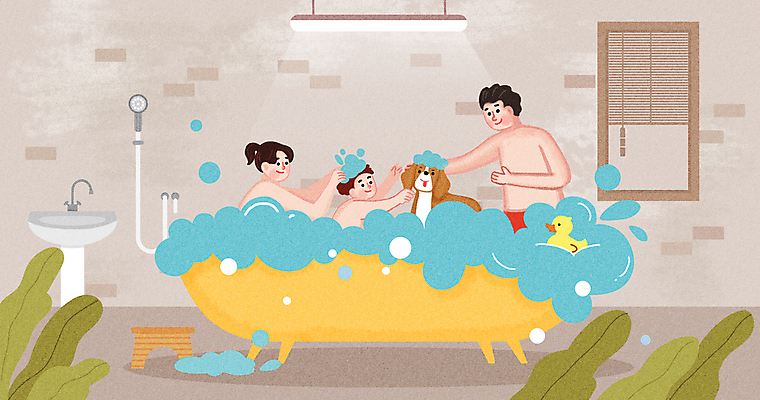 PSD 여자 남자 행복 어린이 일러스트 가족 욕조 소년 성인 세명 반려동물 목욕 거품 욕실 강아지 오리인형 국내일러스트 동물 감정 인형 관계 사람 청결 개 파일형식