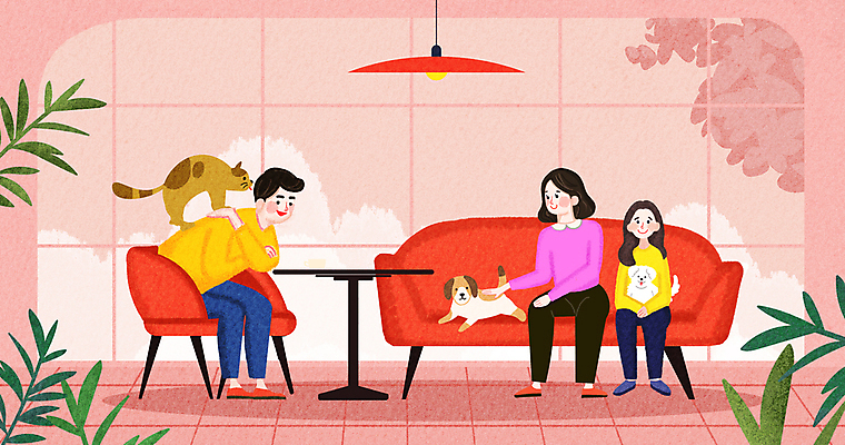 PSD 부부 여자 남자 행복 어린이 분홍색 거실 일러스트 가족 안기 탁자 앉기 소녀 성인 세명 반려동물 소파 풀잎 쓰다듬기 국내일러스트 동물 커플 감정 컬러 가구 잎 의자 관계 모션 사람 풀_식물 파일형식