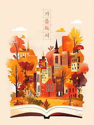 PSD 나무 단풍 일러스트 사람없음 책 독서 마을 주황색 가을 도시 분위기 국내일러스트 식물 계절 컬러 컨셉 잎 파일형식