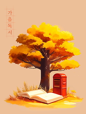 PSD 나무 단풍 일러스트 사람없음 책 독서 주황색 우체통 가을 분위기 국내일러스트 식물 계절 컬러 컨셉 잎 파일형식