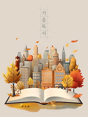 PSD 나무 단풍 낙엽 일러스트 사람없음 책 독서 주황색 가을 도시 분위기 국내일러스트 식물 계절 컬러 컨셉 잎 파일형식