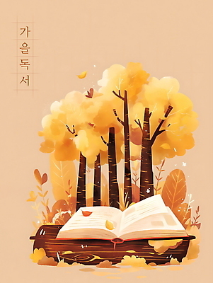 PSD 나무 단풍 일러스트 사람없음 책 독서 주황색 가을 분위기 국내일러스트 식물 계절 컬러 컨셉 잎 파일형식