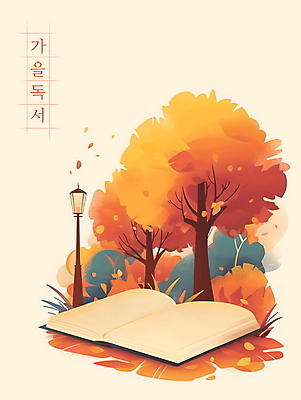 PSD 나무 단풍 낙엽 가로등 일러스트 사람없음 책 독서 주황색 가을 분위기 국내일러스트 식물 계절 공공시설 컬러 컨셉 잎 파일형식