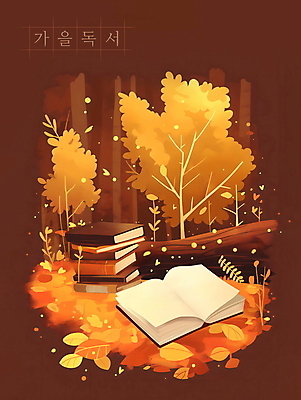 PSD 나무 단풍 낙엽 일러스트 사람없음 책 독서 주황색 가을 분위기 국내일러스트 식물 계절 컬러 컨셉 잎 파일형식
