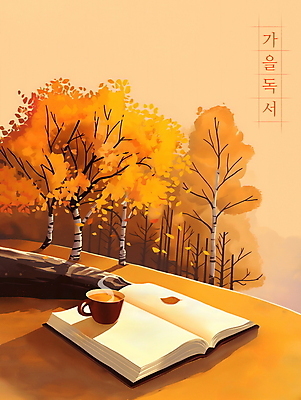 PSD 나무 커피 단풍 일러스트 사람없음 책 독서 주황색 가을 분위기 국내일러스트 식물 계절 음료 컬러 컨셉 잎 파일형식