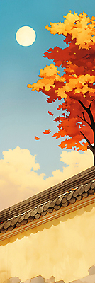 JPG 배너 일러스트 자연 단풍나무 수채화 한옥 사람없음 추석 가을풍경 주황색 보름달 분위기 기와담장 카피스페이스 국내일러스트 AI일러스트 AI콘텐츠 나무 한국전통 명절 컬러 컨셉 단풍 고건축 기와 풍경 담장 공백 달 생태계 파일형식 가을_계절