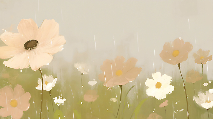 JPG 꽃밭 일러스트 자연 풍경 사람없음 평화 들꽃 가을 비 코스모스 베이지색 카피스페이스 국내일러스트 AI일러스트 AI콘텐츠 자연요소 계절 꽃 컬러 컨셉 날씨 공백 생태계 파일형식