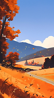 JPG 나무 구름 단풍 일러스트 자연 하늘 초원 사람없음 평화 가을풍경 주황색 산책로 국내일러스트 AI일러스트 AI콘텐츠 자연요소 식물 길 컬러 컨셉 잎 풍경 생태계 파일형식 가을_계절